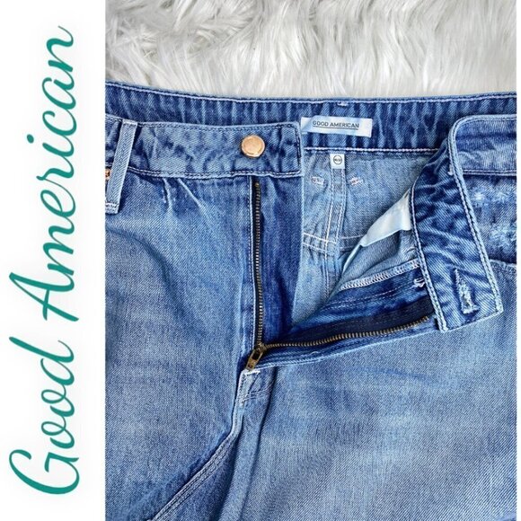 GOOD AMERICAN Distressed Denim Mini Skirt, Size 14 - Picture 8 of 12